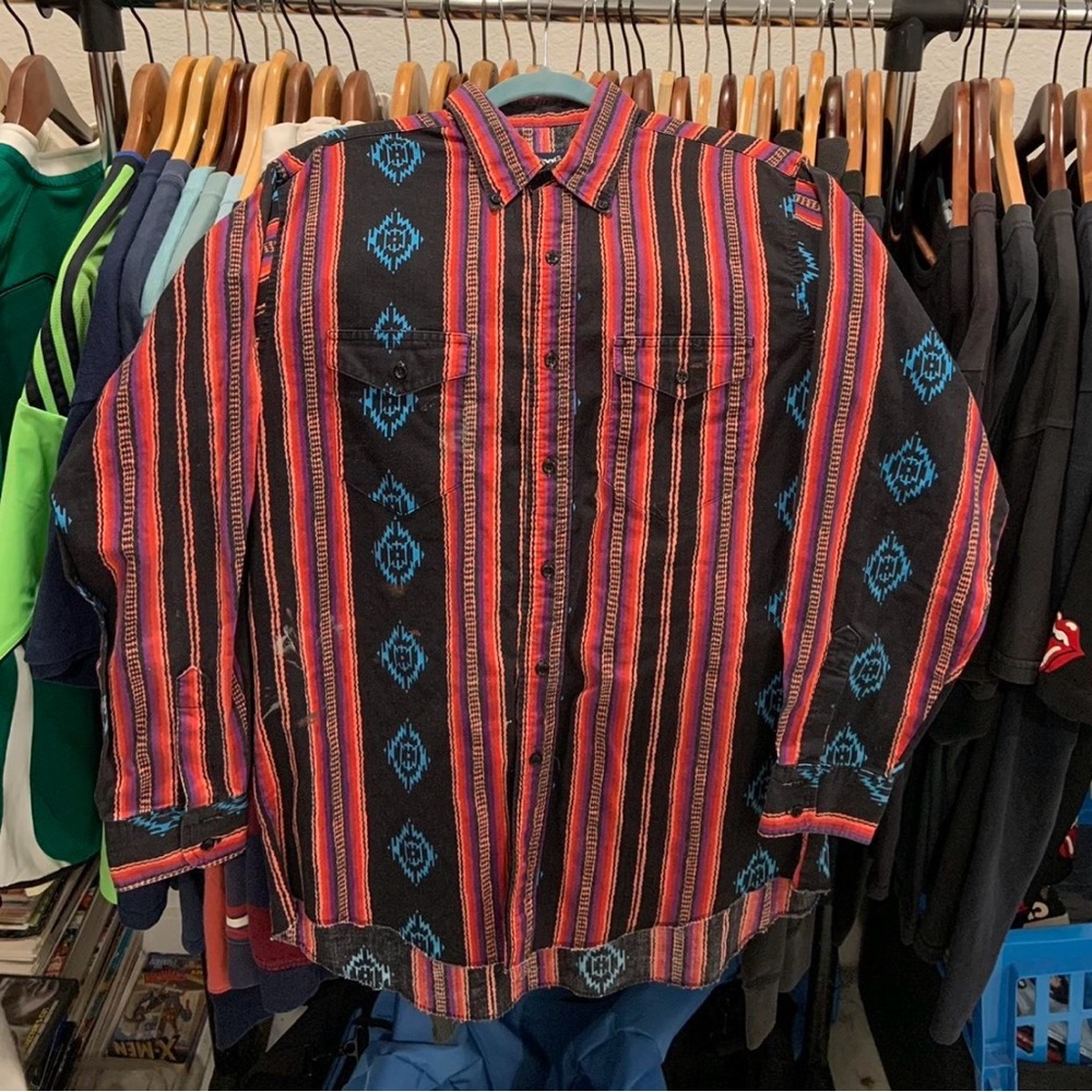 Vintage Wrangler Striped Aztec Cowboy Cut Shirt in Red and Purple